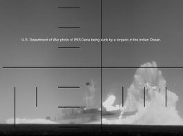 US Torpedo in the Dark: Law, Power and Sinking of IRIS Dena in Sri Lanka’s Waters Photo of IRIS Dena sinking 19 nautical miles off Galle, Sri Lanka.