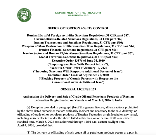 US Issues 30-Day Russian Oil Waiver to India Amid Iran Energy Crisis