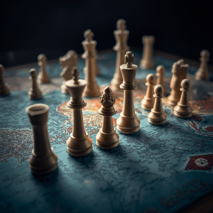 A conceptual digital illustration of a chessboard superimposed over a global map, with strategic chess pieces positioned across different continents, symbolizing international geopolitics and great-power rivalry.